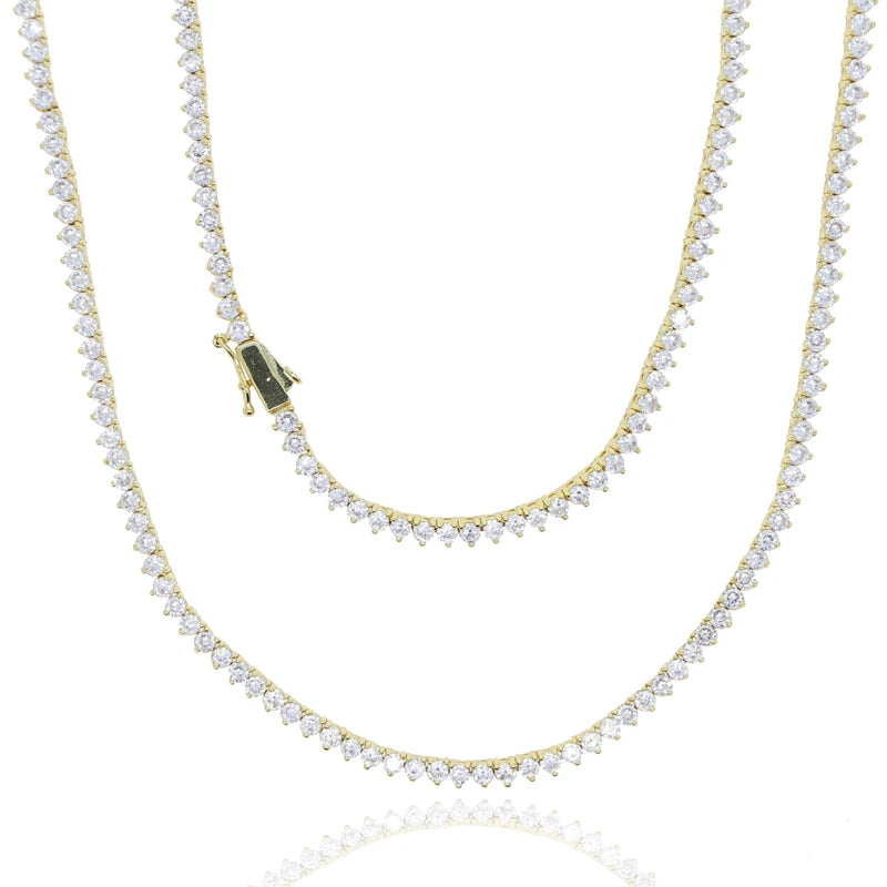 Iced Out Bling Zircon 3mm Tennis Chain Necklace 3 Prong Gold Silver Color CZ Charm Choker Women Man Hip Hop Fashion