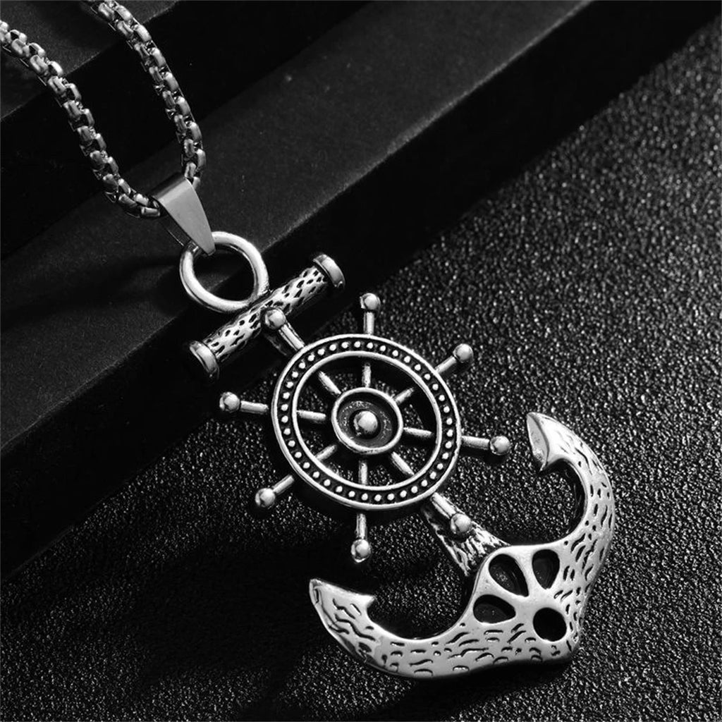 Vintage Nautical Rotatable Ship Wheel Anchor Pendant Necklace