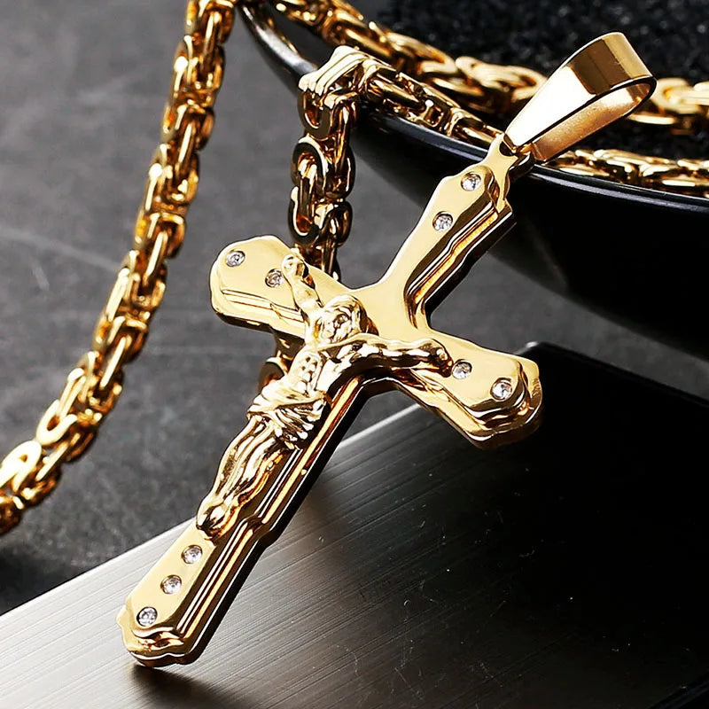 Ancient Crystal Jesus Christ Crucifix Necklace — Stainless Steel