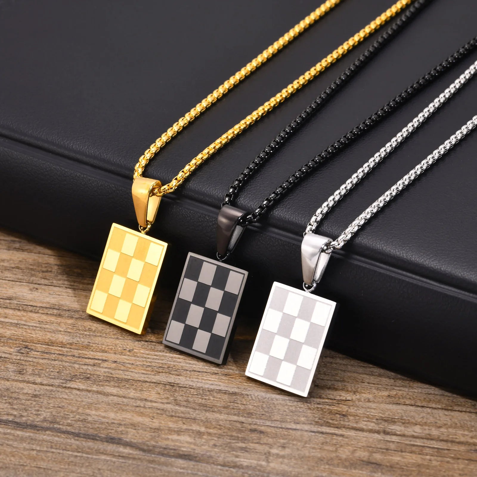 Checkered Square Pendant Necklace — Stainless Steel
