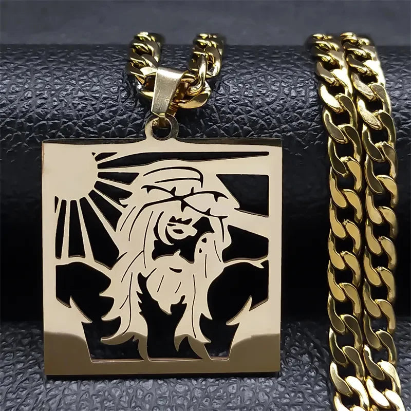 Hip Hop Punk Crown of Thorns Jesus Cross Necklace for Men Stainless Steel Gold Plated Crucifix Pendant Necklaces