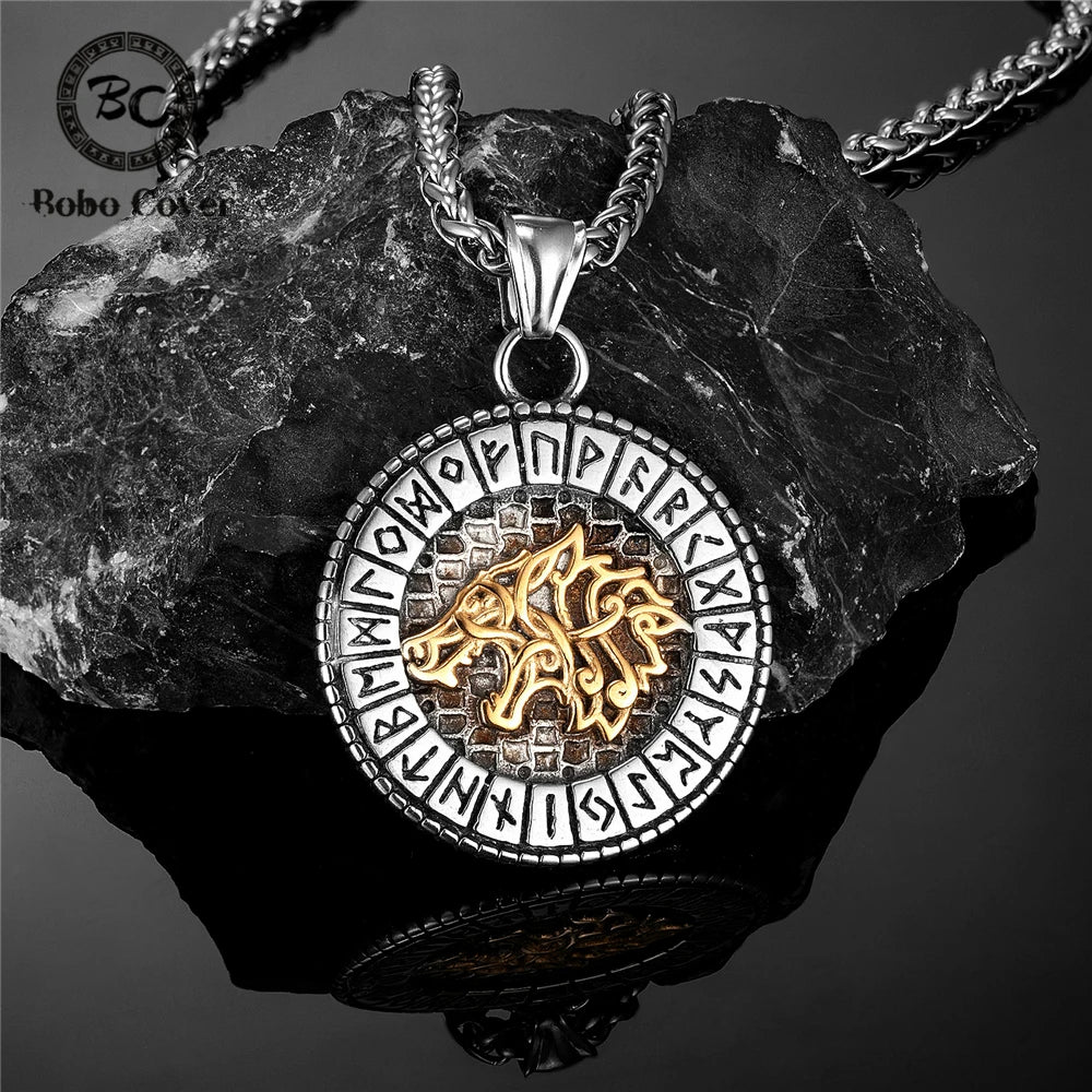 Viking Norse Mythology Odin Wolf Necklaces Men Gold Color Fenrir Rune Pendant Talisman Stainless Steel Male