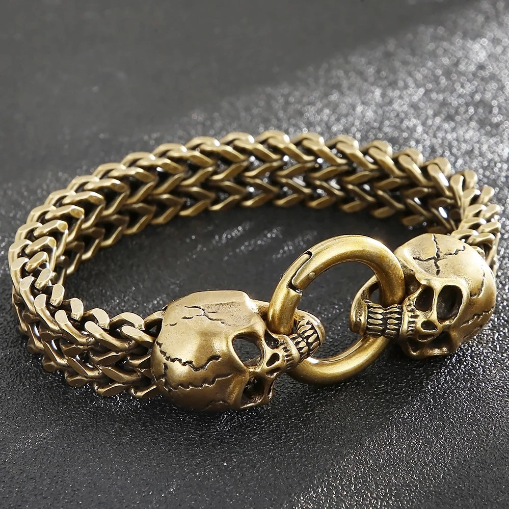 Vintage Men's Punk Skull Bracelet for Man Waterproof Ancient Gold Color Stainless Steel Gothic Chain Biker Skeleton