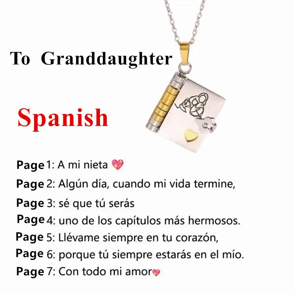 Spanish Granddaughter Book Necklace Engraved Information Heart Locket Pendant Gifts From Grandma Jewelry