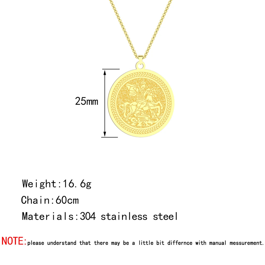 QIMING Dainty Saint George Pendant Necklace For Men Stainless Steel Warrior St. George's Dragon Medallion Mythology