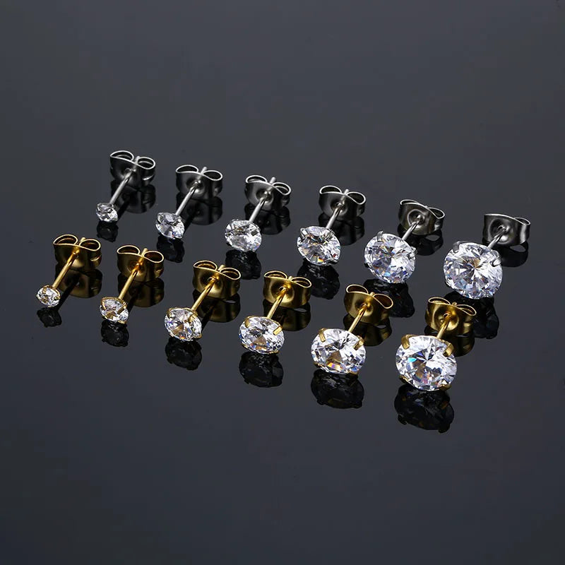 1 Pair 3-8mm Classic Round/Flat Back Screw Stud Earrings for Women/Men Stainless Steel  Shiny Zircon Crystal Piercing Jewelry