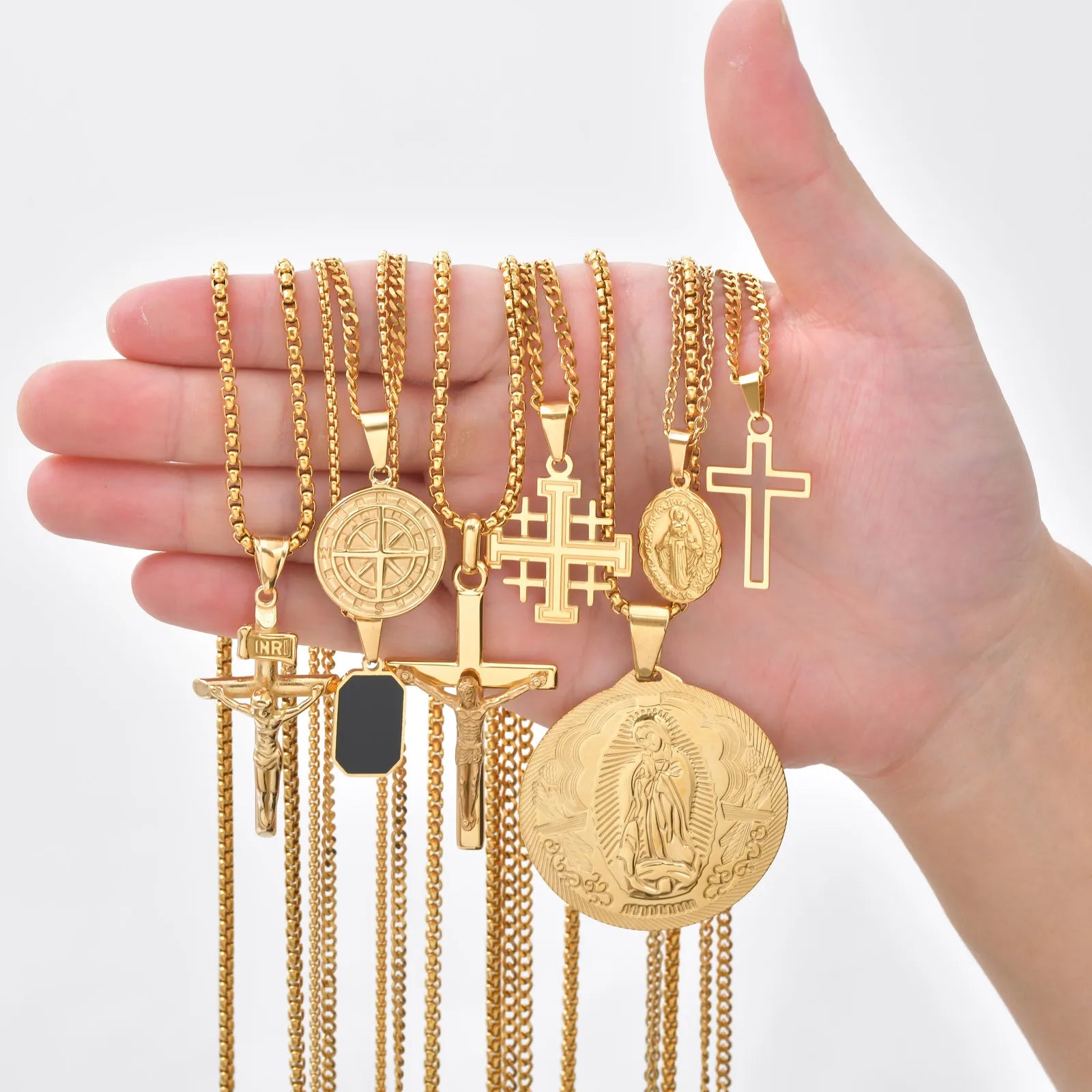 Men's Stylish Gold Color Necklace, Stainless Steel Geometric Cross Pendant Necklace, Vintage Fashion Jewelry Gift to