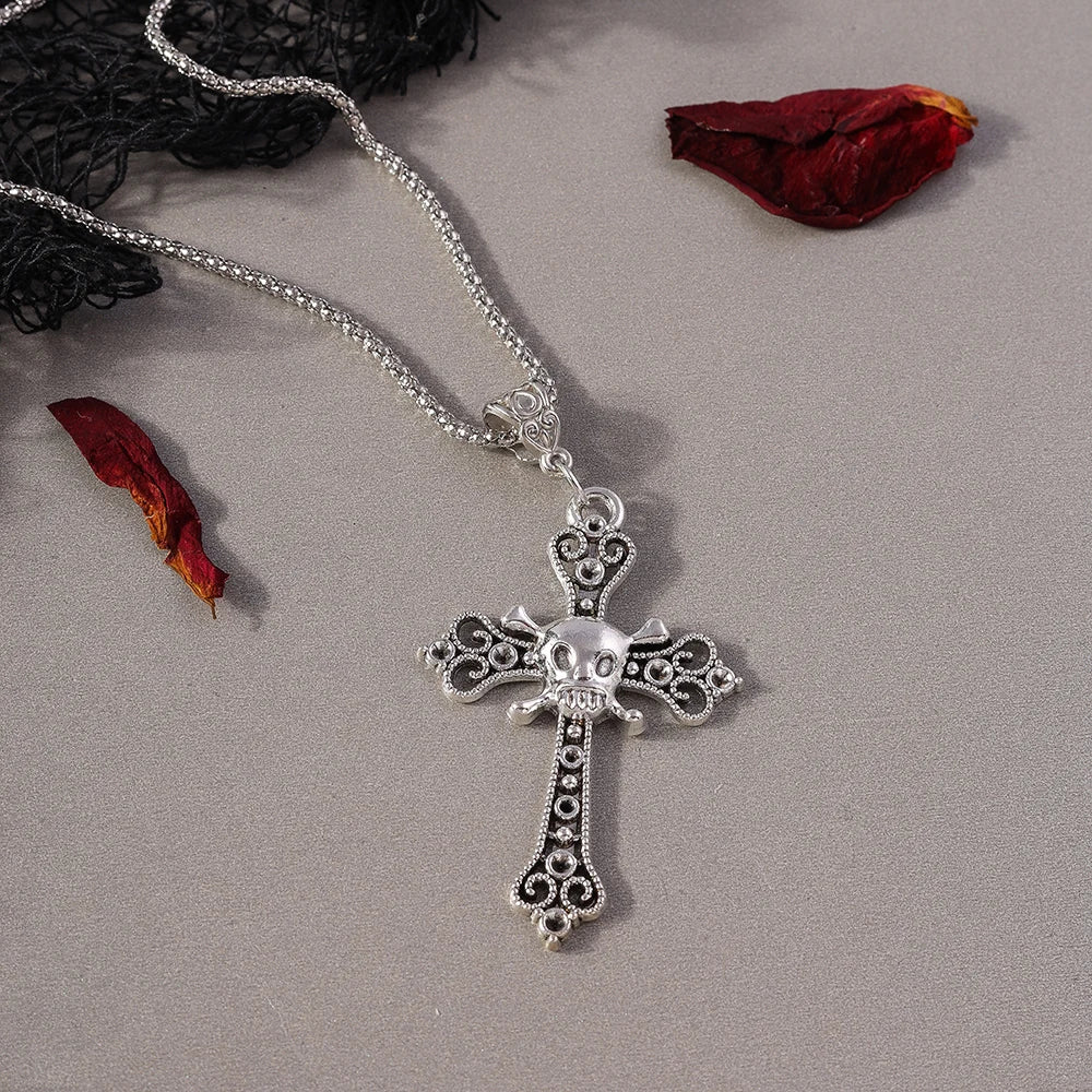 Retro Cross Pendant Necklaces for Women Men Gothic Steampunk Skull Necklace Chain Hip Hop Jewelry Gifts
