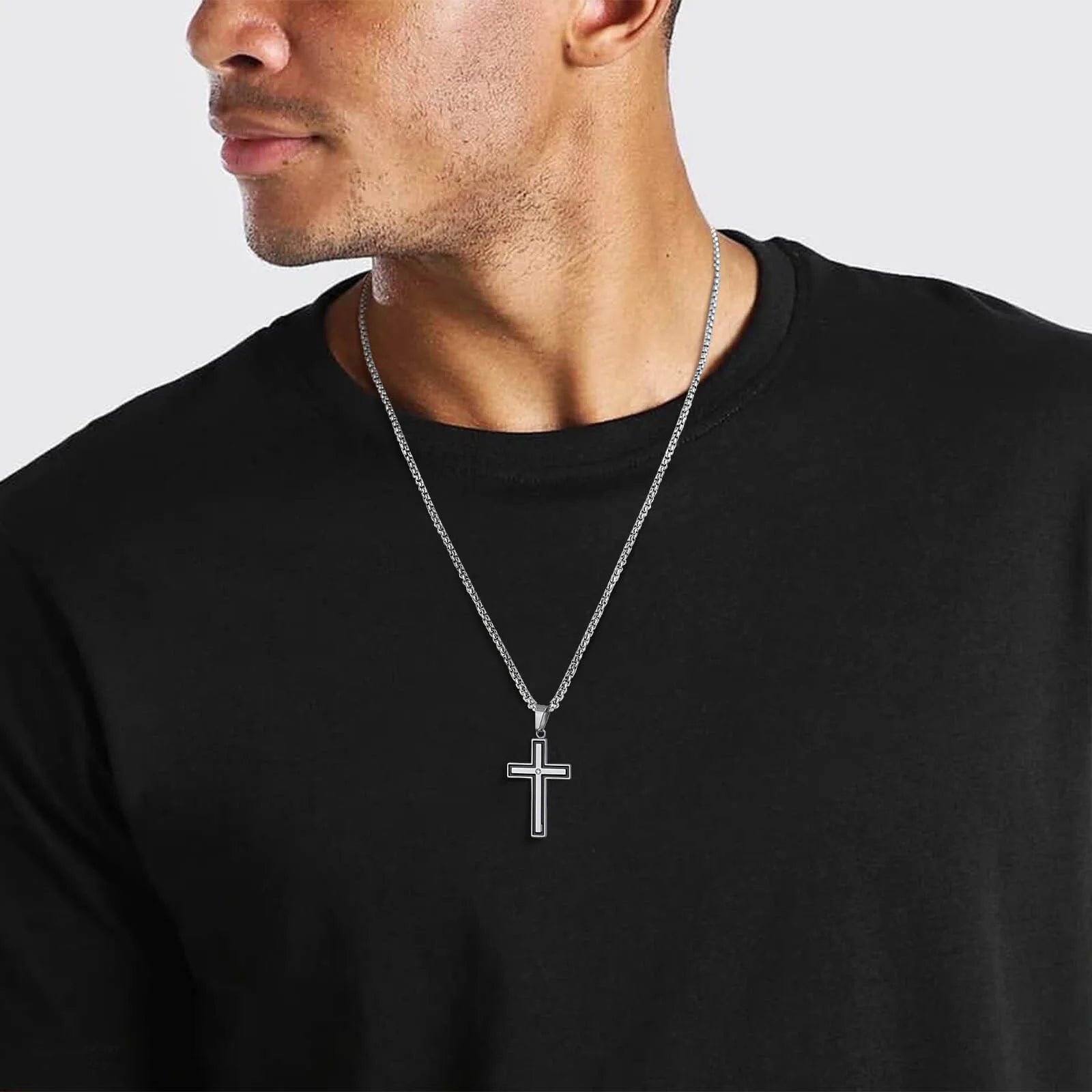 Iced Out Cross Black Pendant Necklace — Stainless Steel