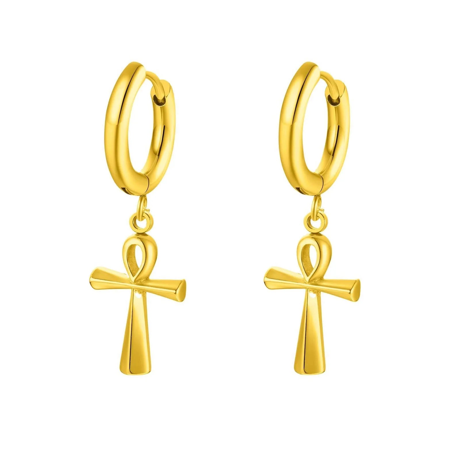 Ankh Cross Huggie Hoop Earrings — Stainless Steel