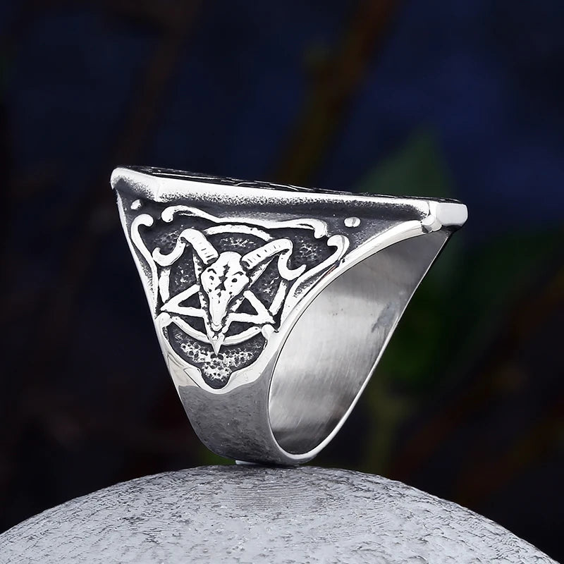 Gothic Horned Satan Signet Ring — Stainless Steel