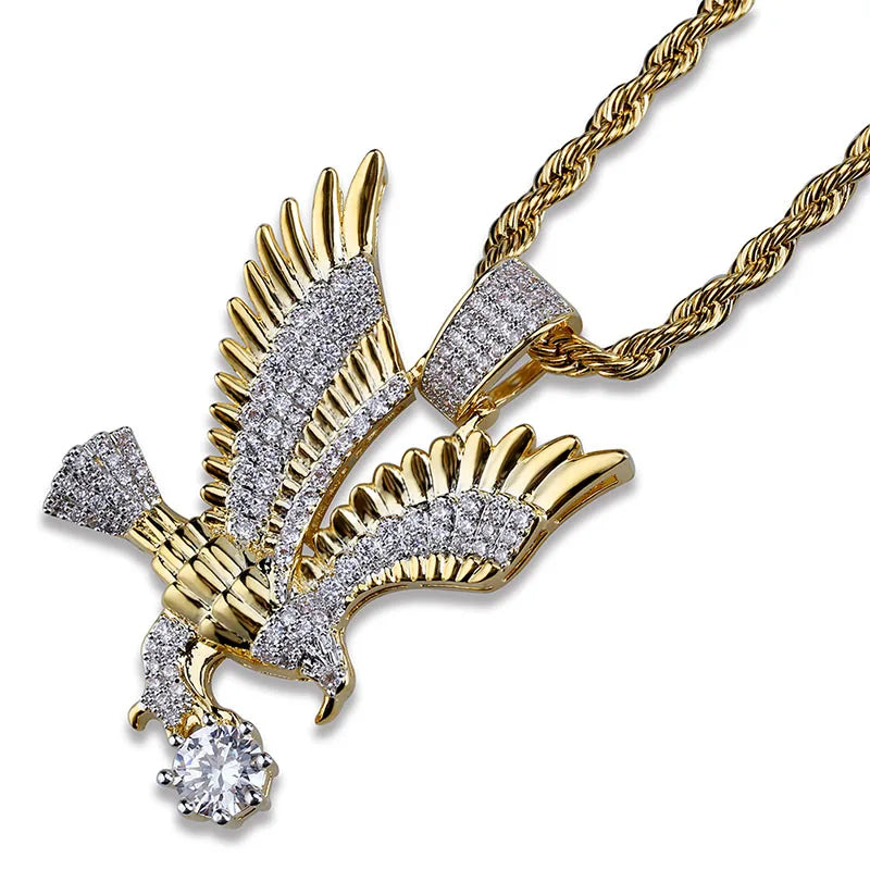 Fashionable Shiny Zircon Flying Eagle Animal Pendant Necklace for Men Hip Hop Rock Party Jewelry