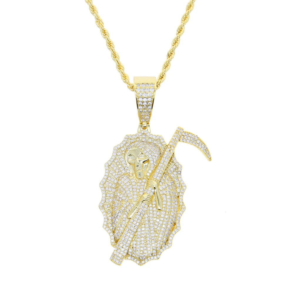 2023 New Grim Reaper Death Pendant Necklace Iced Out Bling Gold Color CZ The King Of Terrors Charm Men Women Hip Hop