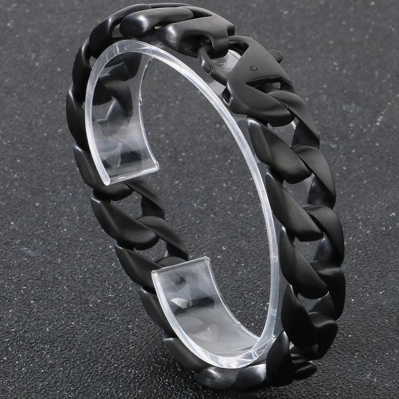 Vintage Black Stainless Steel Bracelet for Man Men's 15MM Wide Curb Link Chain Bracelets Bangles Armband Jewelry