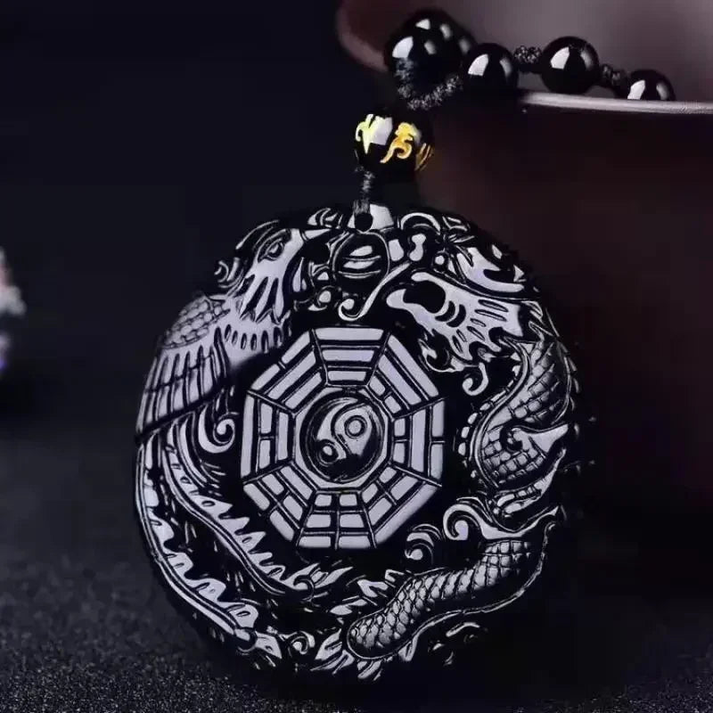 Obsidian Gossip Pendant Necklace Carving Dragon and Phoenix Shape Lucky Amulet Jewelry Six-Character Mantra Pearl