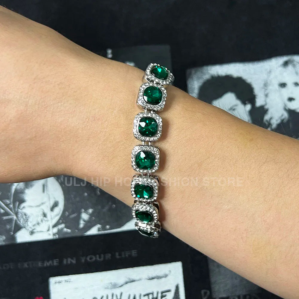 ULJ Hip Hop Shiny Black Cuban Link Chain Bracelets Women Men  Bling Rhinestone Iced Out Punk Wristband Hand Jewelry
