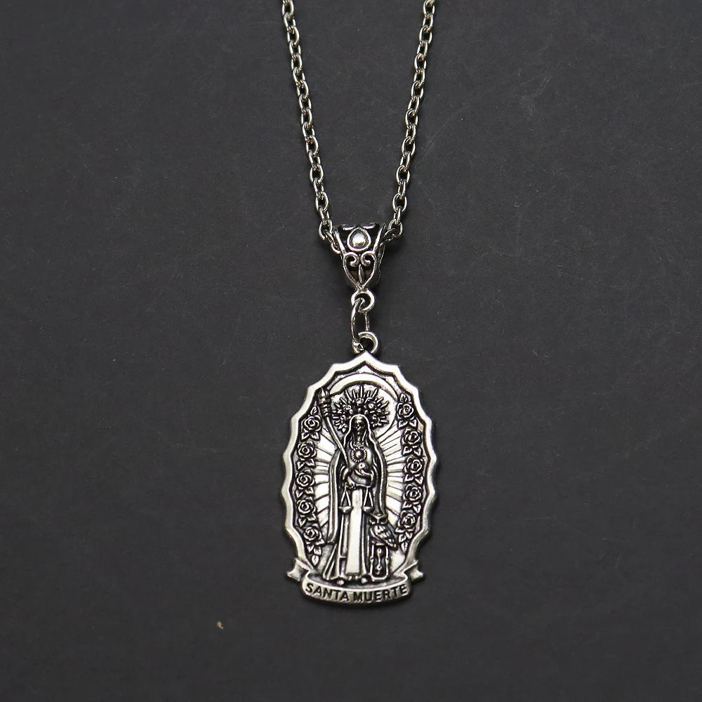 Santa Muerte Pendant Necklace, Gothic Death Saint Medal Necklace with Rose Border, Occult Dark Aesthetic Jewelry for