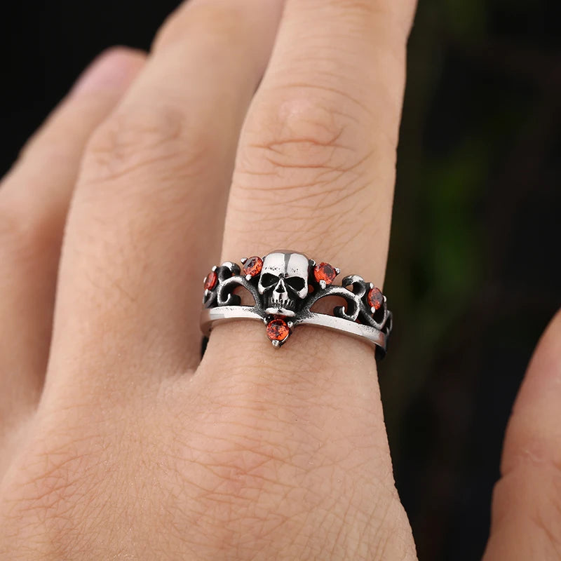 316L Stainless Steel Gothic Accessories Lost Skull Ring With Red Stone For Man Women Punk Jewelry Couple Or Women Gift