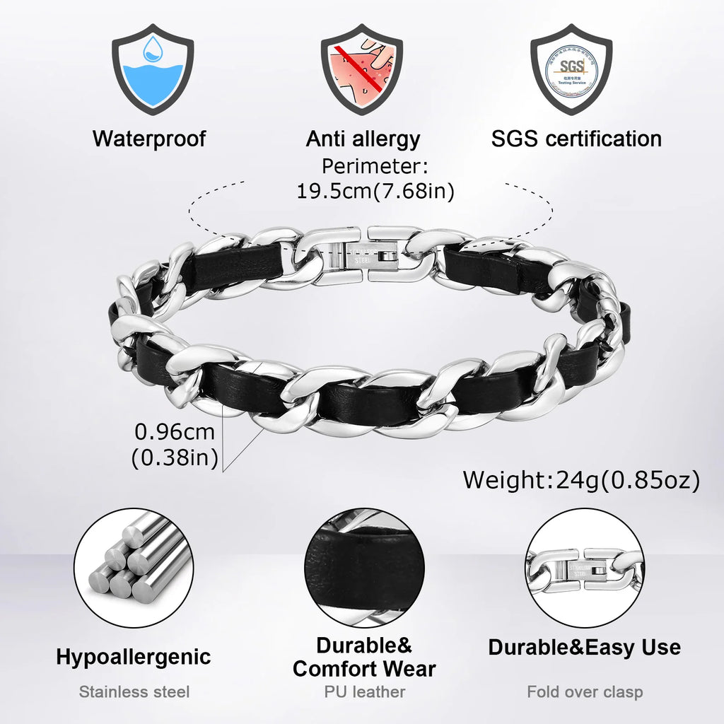Cuban Black Leather Chain Bracelet — Stainless Steel
