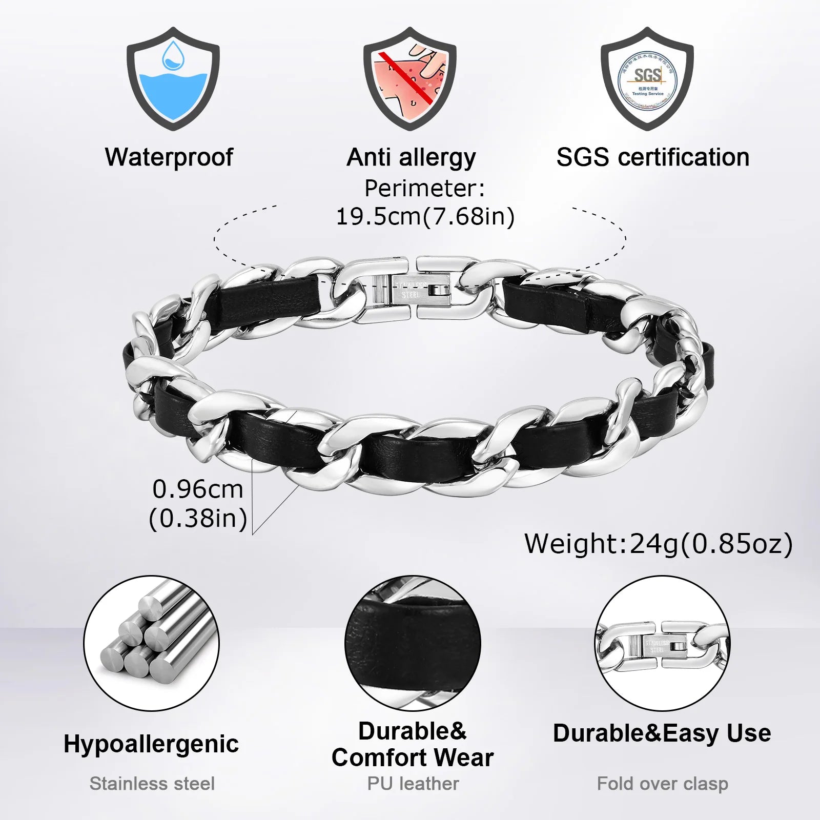 Cuban Black Leather Chain Bracelet — Stainless Steel