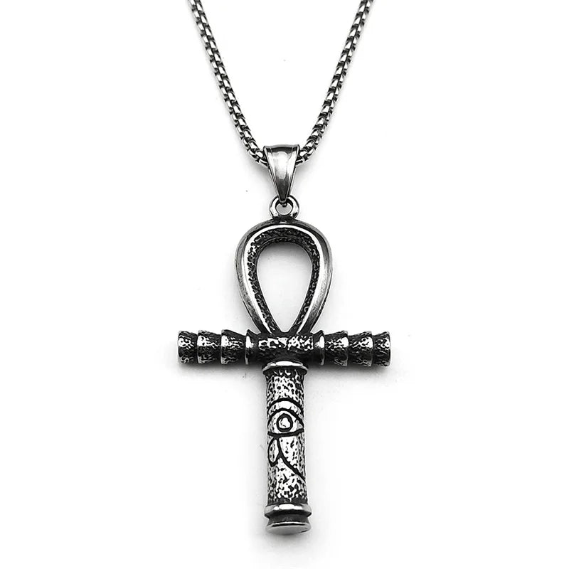 Eye of Ra Ankh Cross Silver Pendant Necklace