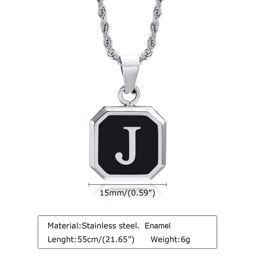 Initials Necklaces for Men Women,A-Z 26 Letters Black Square Stainless Steel Pendant Collar,45-60CM Twisted Rope Chain
