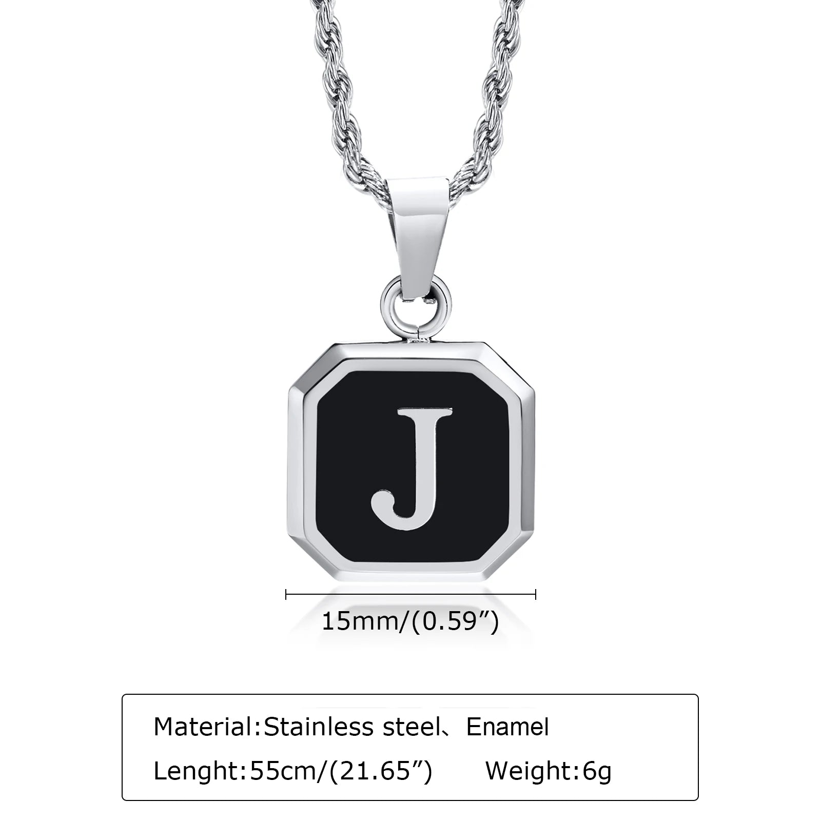 Initials Necklaces for Men Women,A-Z 26 Letters Black Square Stainless Steel Pendant Collar,45-60CM Twisted Rope Chain