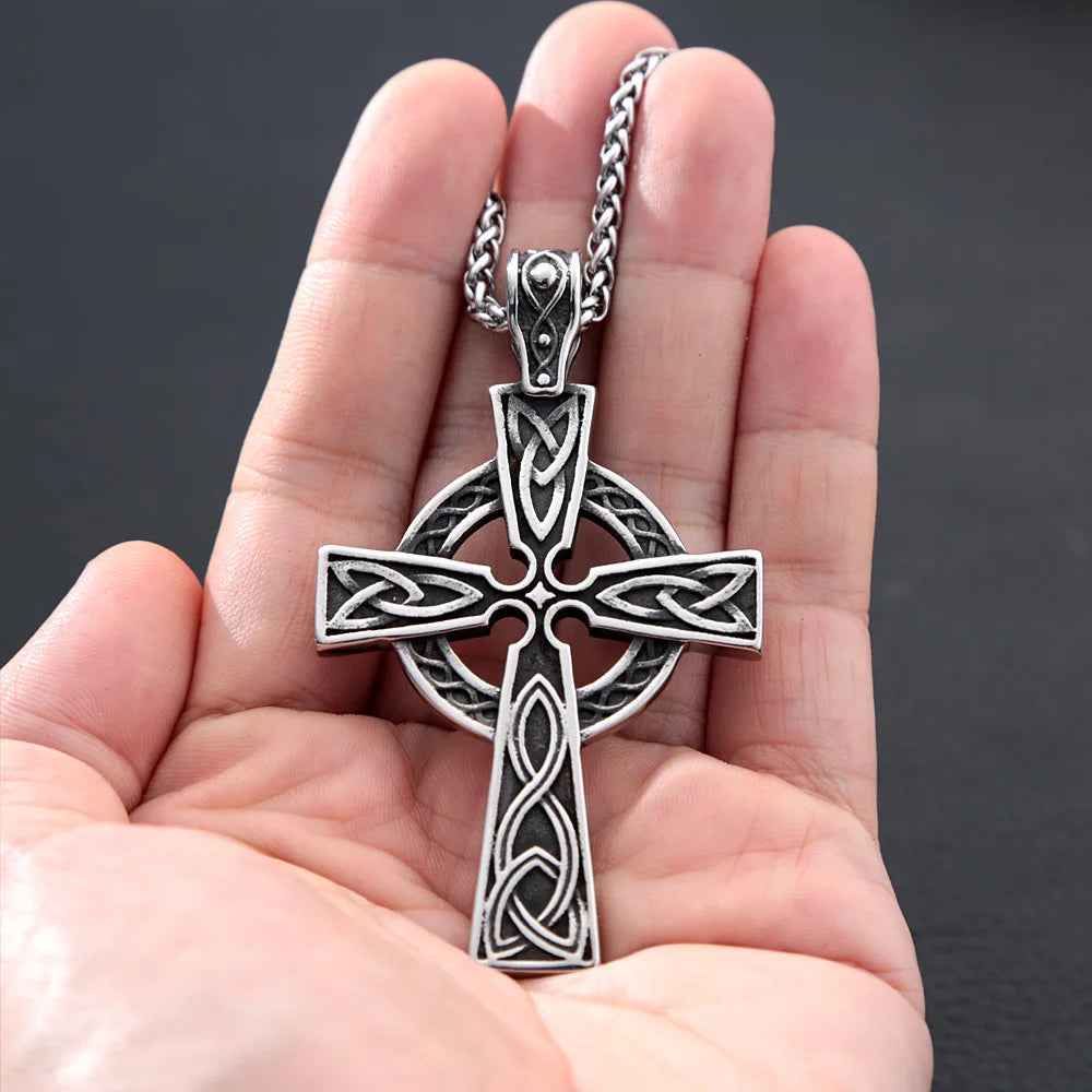 Mens Irish Celtic Knot Cross Pendant Necklace Stainless Steel Nordic Viking Necklace Ancient Talisman Pendant Jewelry