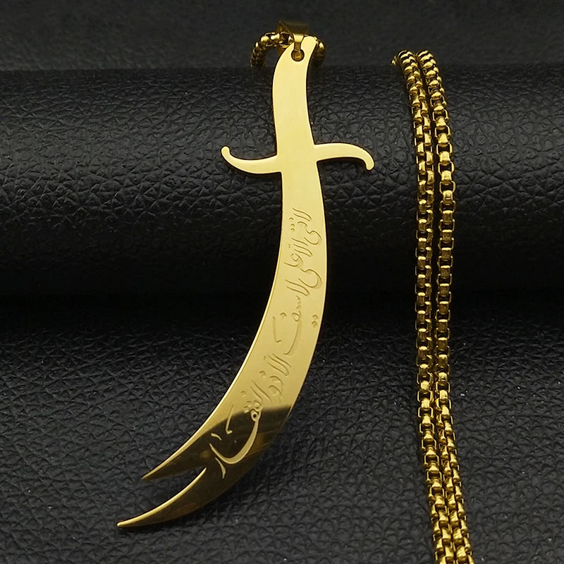 Islamic Imam Ali Zulfiqar Sword Pendant Necklace for Women Men Stainless Steel Gold Color Muslim Male Chain Jewelry