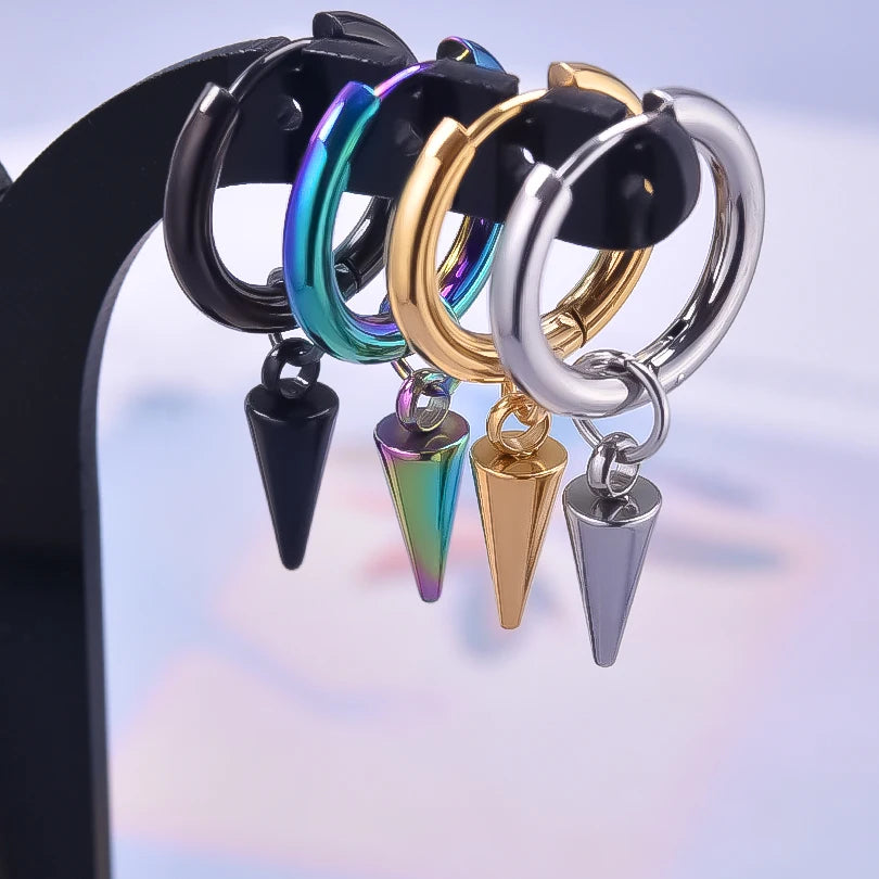 Spike Cone Drop Huggie Hoop Earrings for Men — Stainless Steel