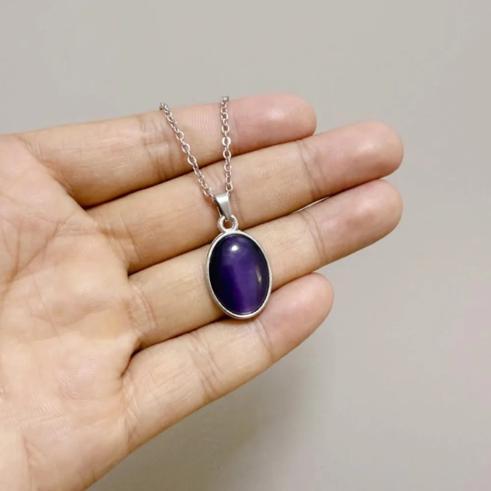 Retro Minimalism Stainless Steel Egg Oval Purple Black Onyx Pendant Necklace for Women Sliver Color Collar Chain
