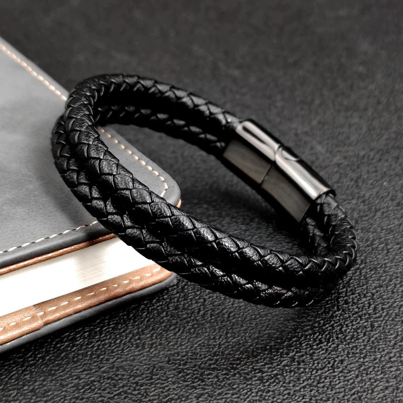 Double Leather Braided Charm Bracelet — Stainless Steel