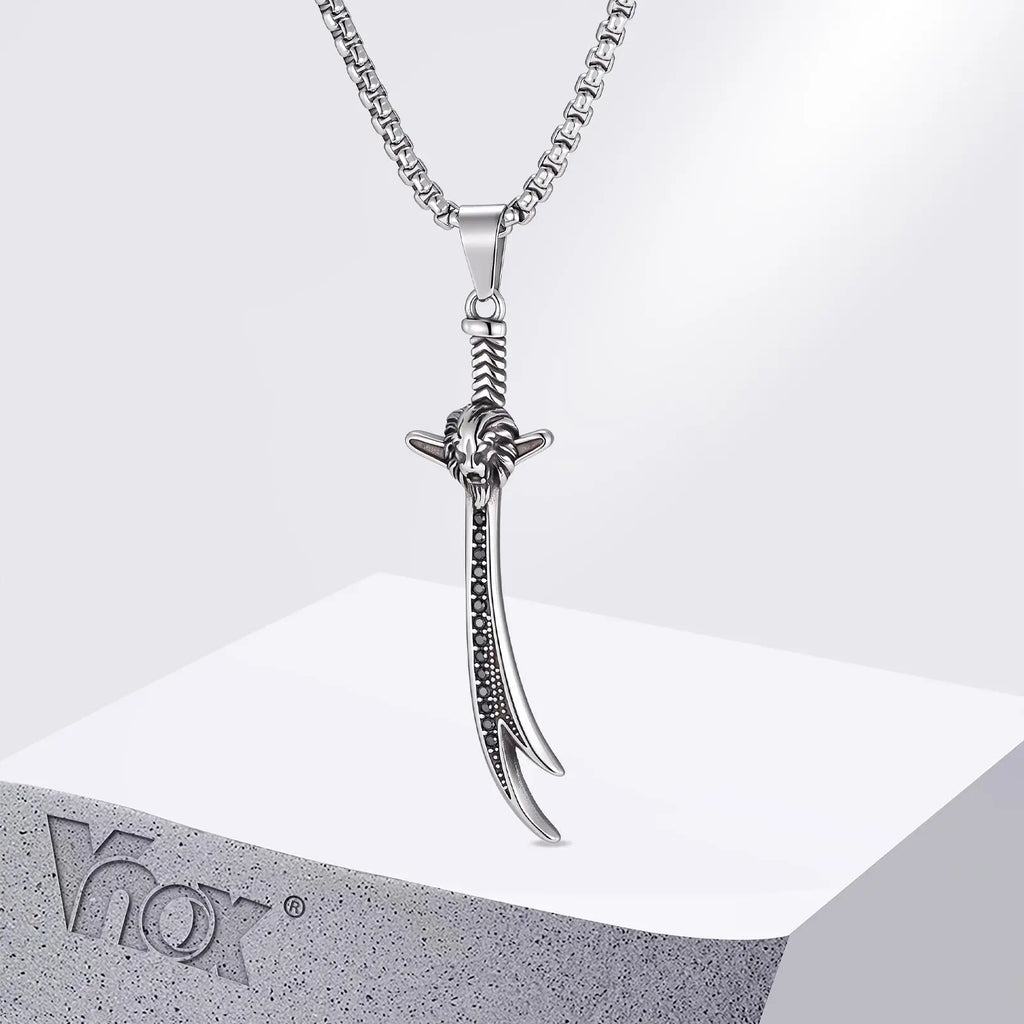 Vnox Mens Stainless Steel Lion Head Scimitar Sword Pendant Necklace, Gothic Black Zircon Box Chain Punk Jewelry Gift for Him