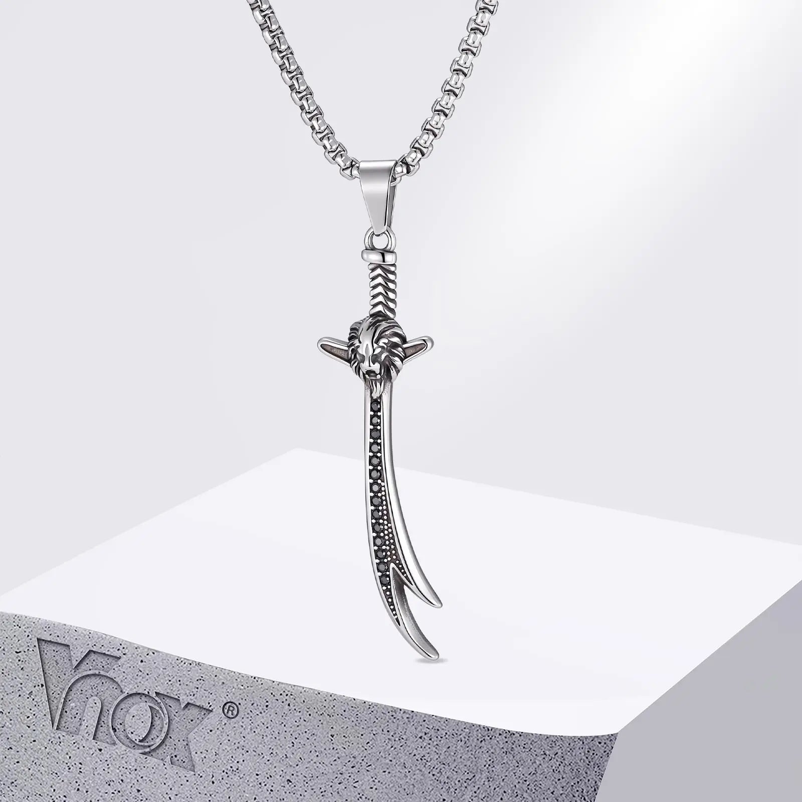 Vnox Mens Stainless Steel Lion Head Scimitar Sword Pendant Necklace, Gothic Black Zircon Box Chain Punk Jewelry Gift for Him
