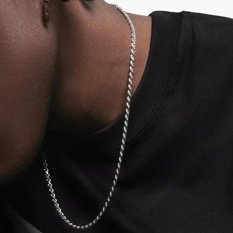 Silver Color 3mm Stainless Steel Necklace Men Twist Chain Basic Chain Hip Hop Jewelry Trend Accessories