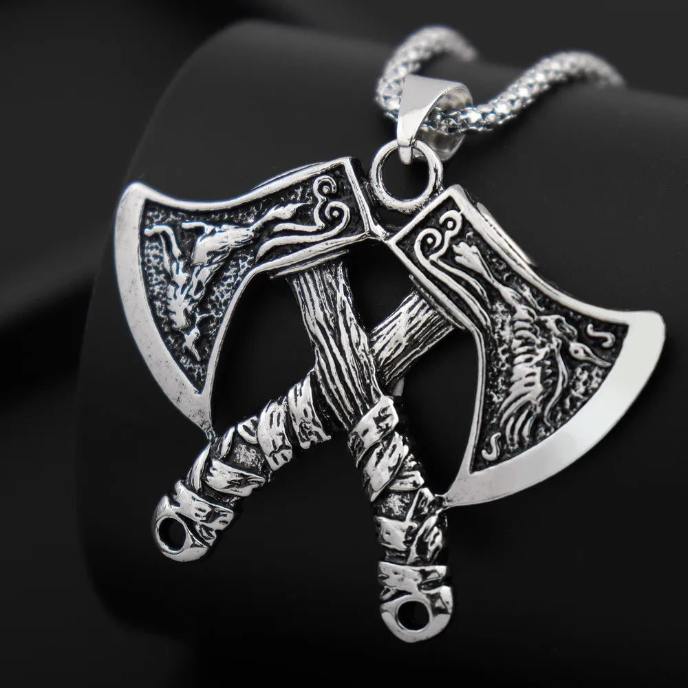 NORRON Wolf Eagle Relief Double Battle Axe Pendant Necklace Men Personality The Phoenix Viking Axe Alloy Pendant Fashion Jewelry