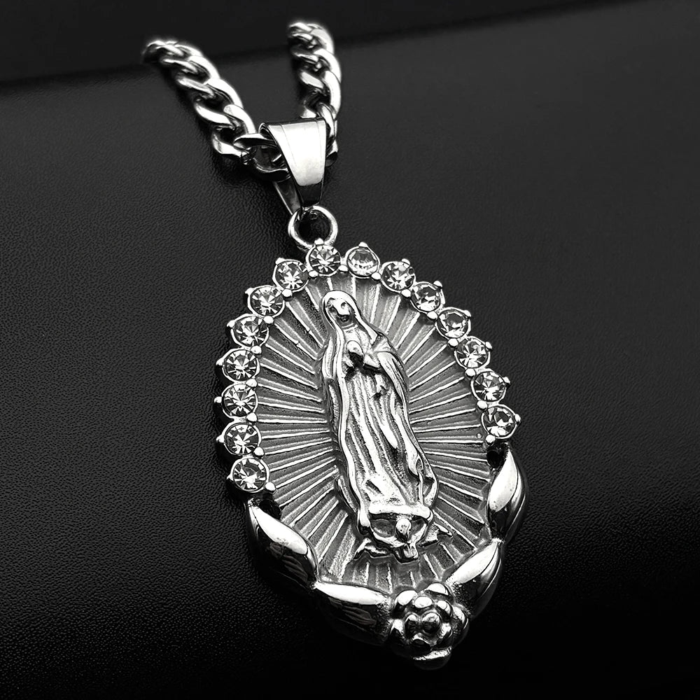 Our Lady of Guadalupe Rhinestone Necklace — Stainless Steel
