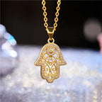 Iced Evil Eye Hamsa Pendant Necklace — Gold-Tone