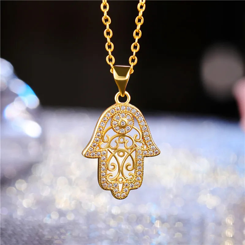 Iced Evil Eye Hamsa Pendant Necklace — Gold-Tone