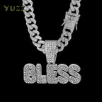 Iced Out BLESS Letter Pendant Necklace — 13mm Cuban Chain