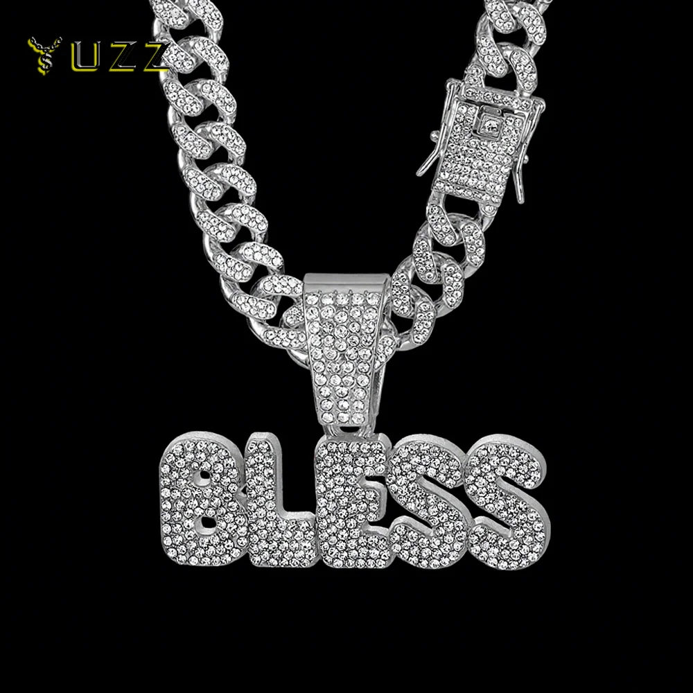 Iced Out BLESS Letter Pendant Necklace — 13mm Cuban Chain