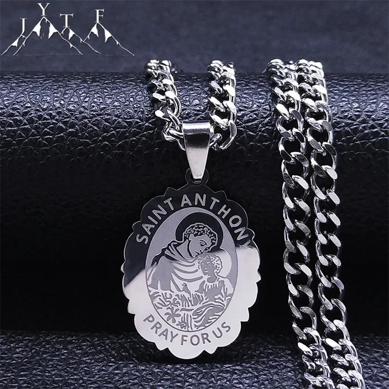 SAINT ANTHONY PRAY FOR US Stainless Steel Archangel Necklace Women/Men Silver Color Flower Necklaces Jewelry religieux