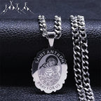 SAINT ANTHONY PRAY FOR US Stainless Steel Archangel Necklace Women/Men Silver Color Flower Necklaces Jewelry religieux