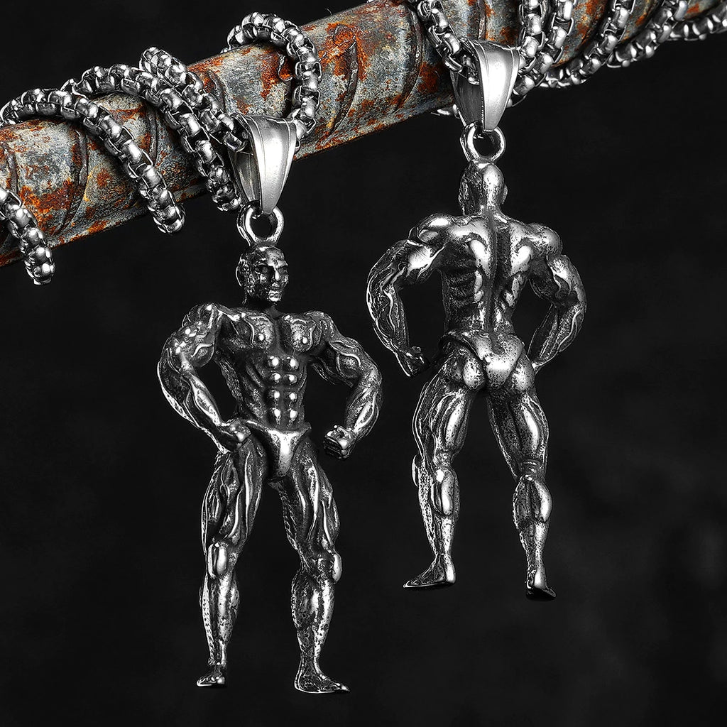 Bodybuilder Muscle Man Pendant Necklace — Stainless Steel