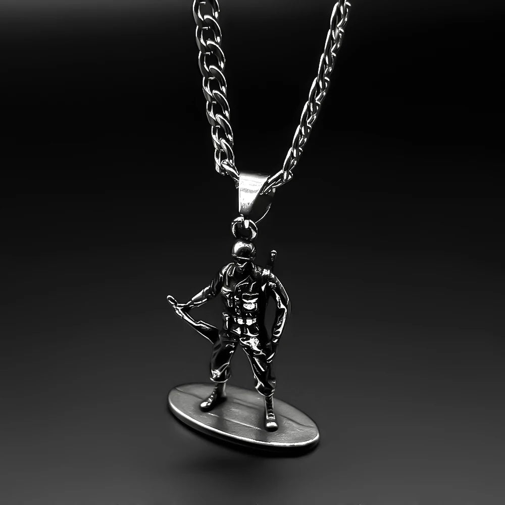 Vintage Military Army Standing Soldier Pendant Necklace for Women Men 316L Stainless Steel Punk Chain Silver Color