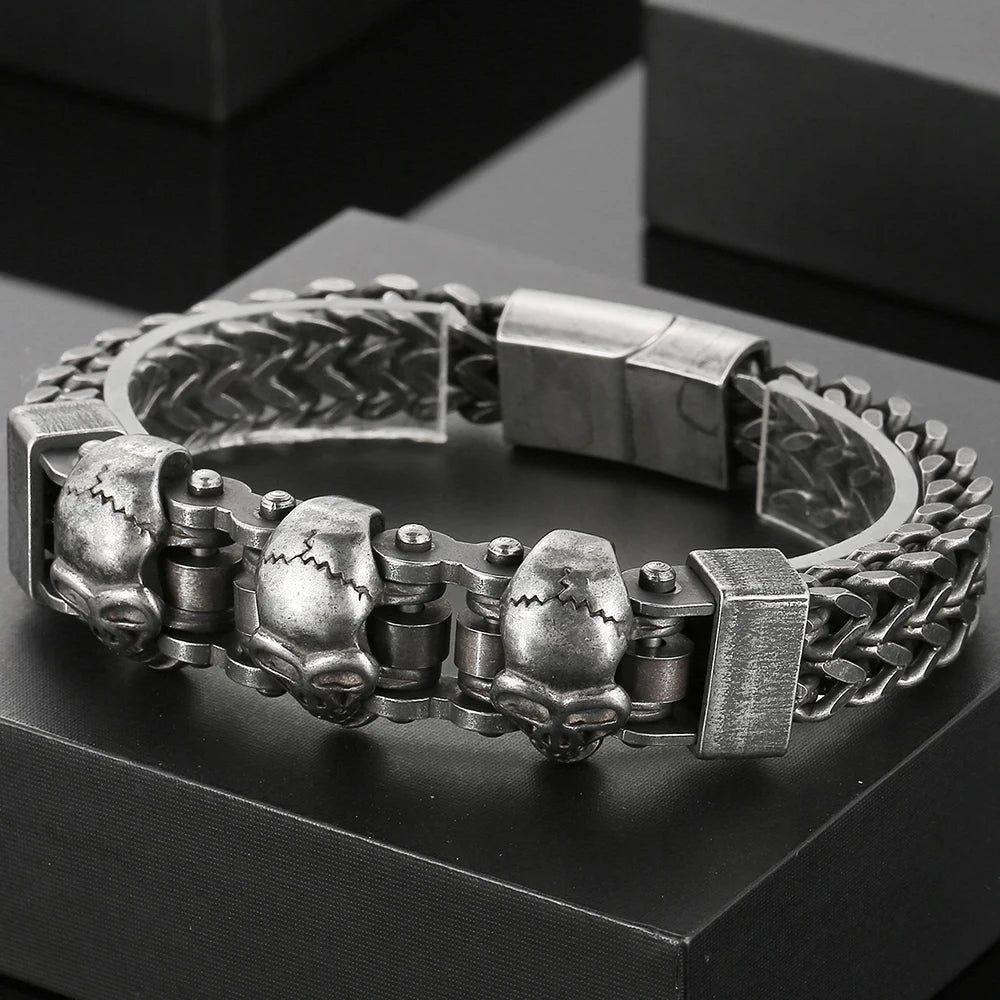 Gothic Three Skulls & Bike Link Chain Men Bracelet for Man Vintage Solid Black 316L Stainless Steel Skeleton Jewelry