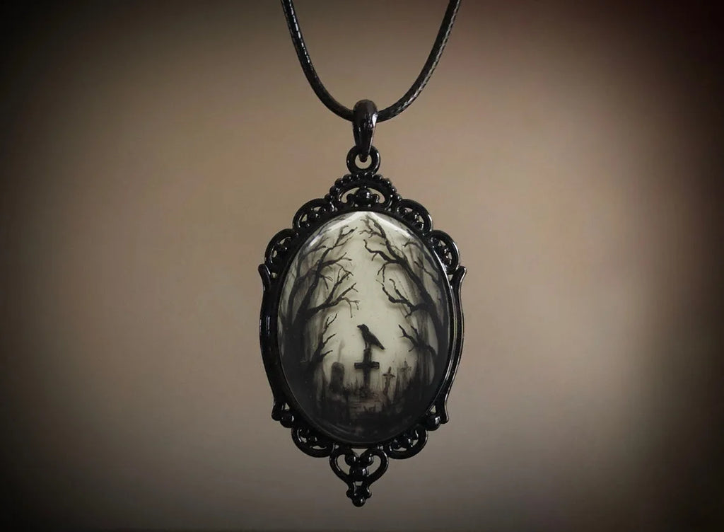 Gothic Crow Black Forest Charm Necklace Fashion Witch Jewelry Gift Pagan Cross Black Cat Skull Glass Pendant Necklace