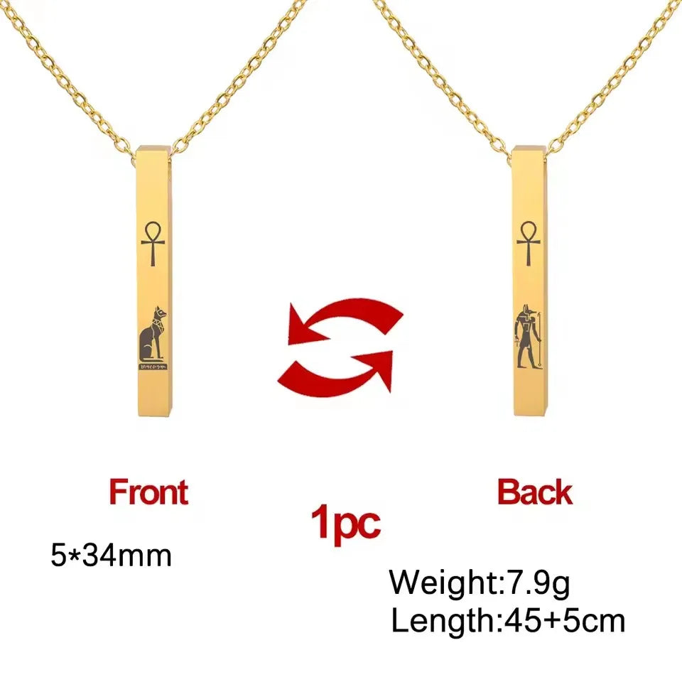 Lemegeton Egyptian Cat Goddess Bastet Necklace Stainless Steel Ancient Egypt Ankh Cross Symbol Necklaces Square Amulet