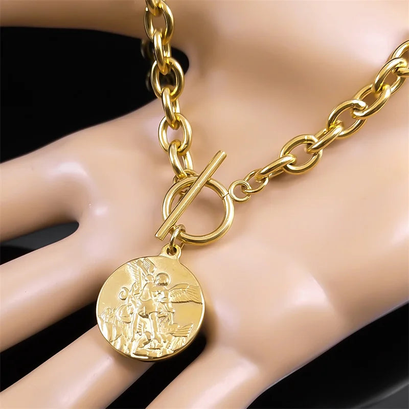Saint Michael Angel Necklace Bracelet Set — Gold