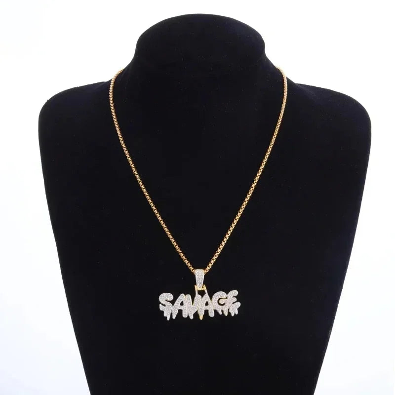 Bling Iced Out Savage Pendant Cubic Zirconia Letter Necklace for Men Women Hip Hop Rock Rap Party Jewelry